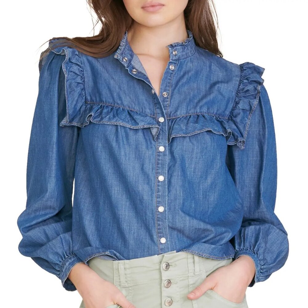 Veronica Beard Women's Tes Ruffle Chambray Button-Up Shirt, Size 12